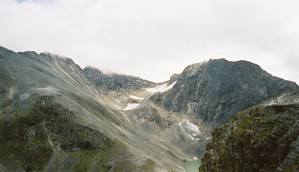 Stortinden, and Bjornskartinden in the mist.